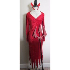 WOMENS RED DEVIL DRESS HORNS + PITCHFORK HALLOWEEN COSTUME~M